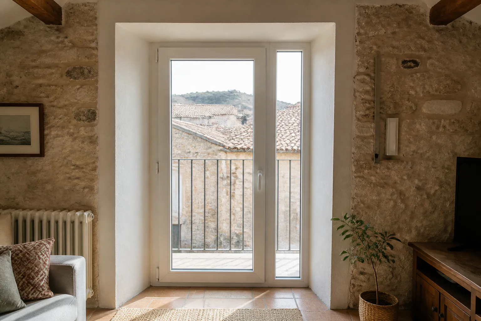 Puerta balconera de PVC hacia una terraza en Cuenca