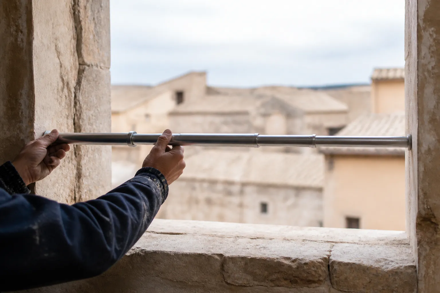Técnico midiendo un hueco de ventana en una vivienda de Cuenca